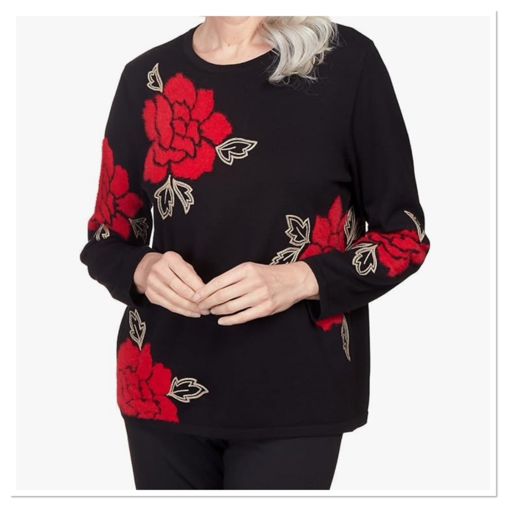 Alfred Dunner Women’s Park Place Black Knit Floral Sweater